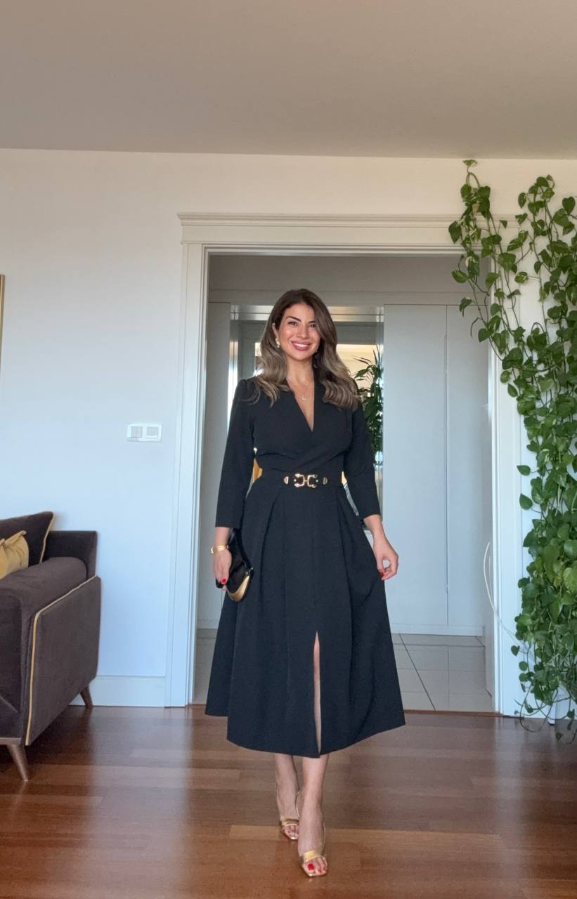 WRAP NECK BELTED MIDI DRESS - BLACK