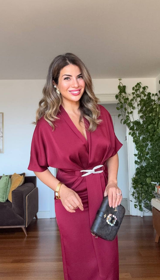 ELEGANT V-NECK SATIN DRESS WITH BELT DETAIL - BURGUNDY