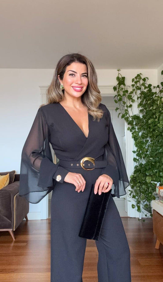 ELEGANT BLACK JUMPSUIT WITH RUFFLED CHIFFON SLEEVES & BELT DETAIL