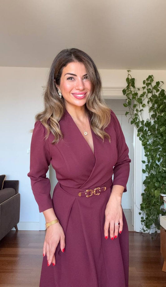 WRAP NECK BELTED MIDI DRESS - BURGUNDY
