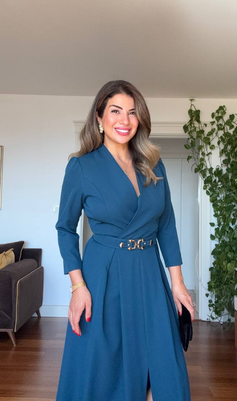 WRAP NECK BELTED MIDI DRESS - PETROL BLUE