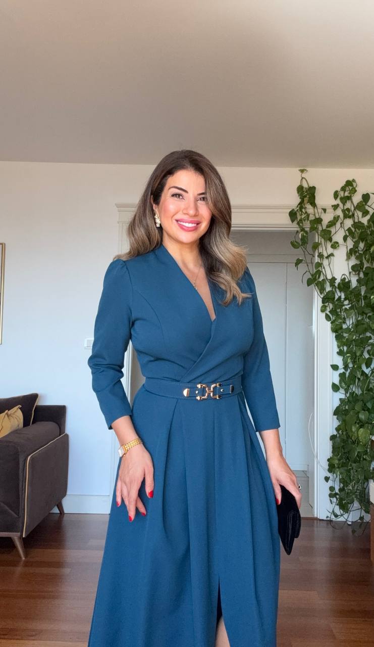 WRAP NECK BELTED MIDI DRESS - PETROL BLUE