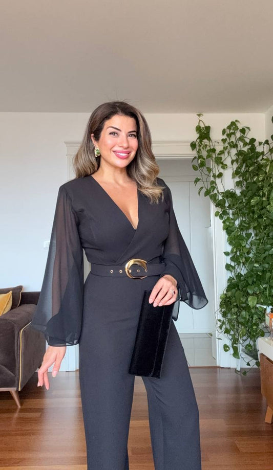ELEGANT BLACK JUMPSUIT WITH RUFFLED CHIFFON SLEEVES & BELT DETAIL