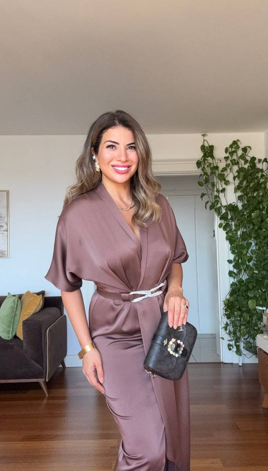 ELEGANT V-NECK SATIN DRESS WITH BELT DETAIL - MOCHA BROWN
