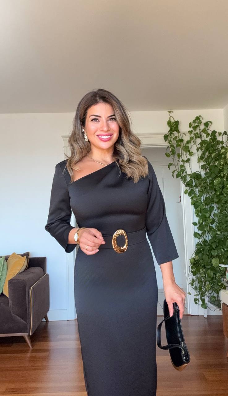 ASYMMETRICAL NECK SATIN DRESS WITH BELT DETAIL - BLACK