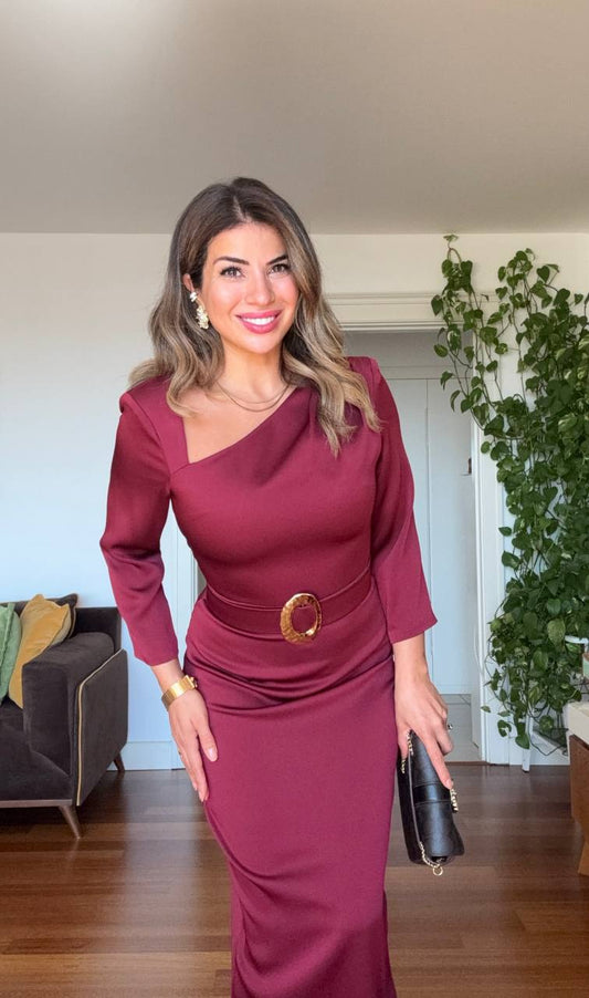 ASYMMETRICAL NECK SATIN DRESS WITH BELT DETAIL - BURGUNDY