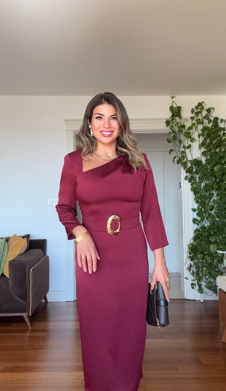 ASYMMETRICAL NECK SATIN DRESS WITH BELT DETAIL - BURGUNDY