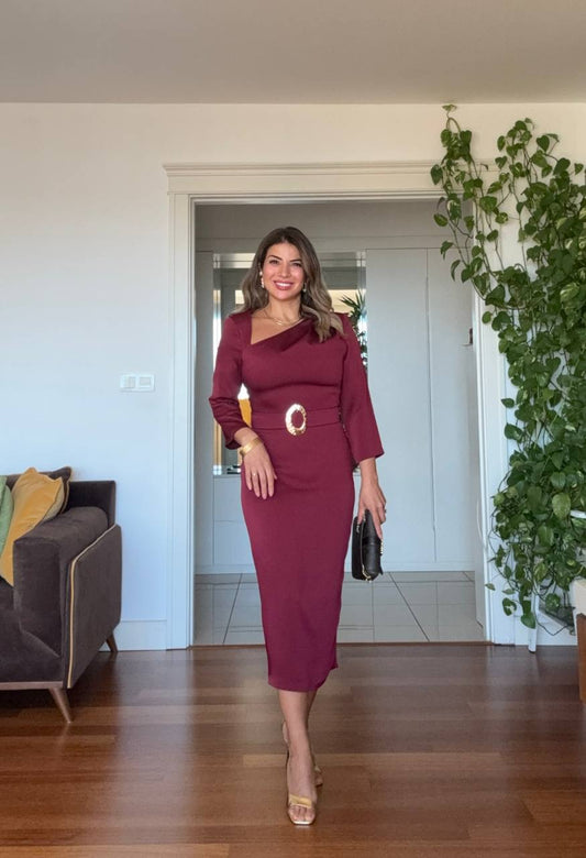ASYMMETRICAL NECK SATIN DRESS WITH BELT DETAIL - BURGUNDY
