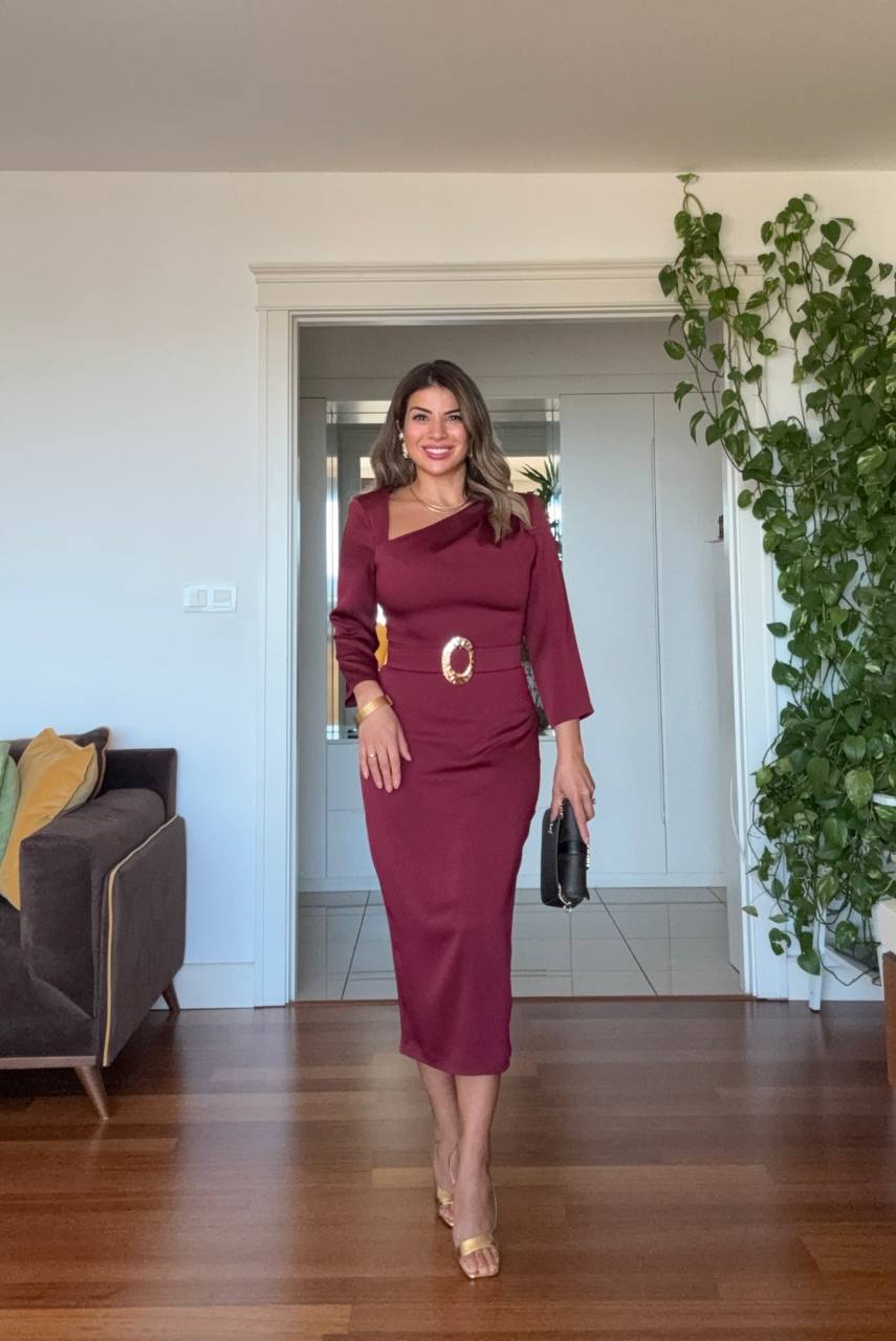 ASYMMETRICAL NECK SATIN DRESS WITH BELT DETAIL - BURGUNDY