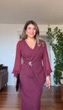 MIDI DRESS WITH CHIFFON SLEEVES & BROOCH DETAIL - PLUM