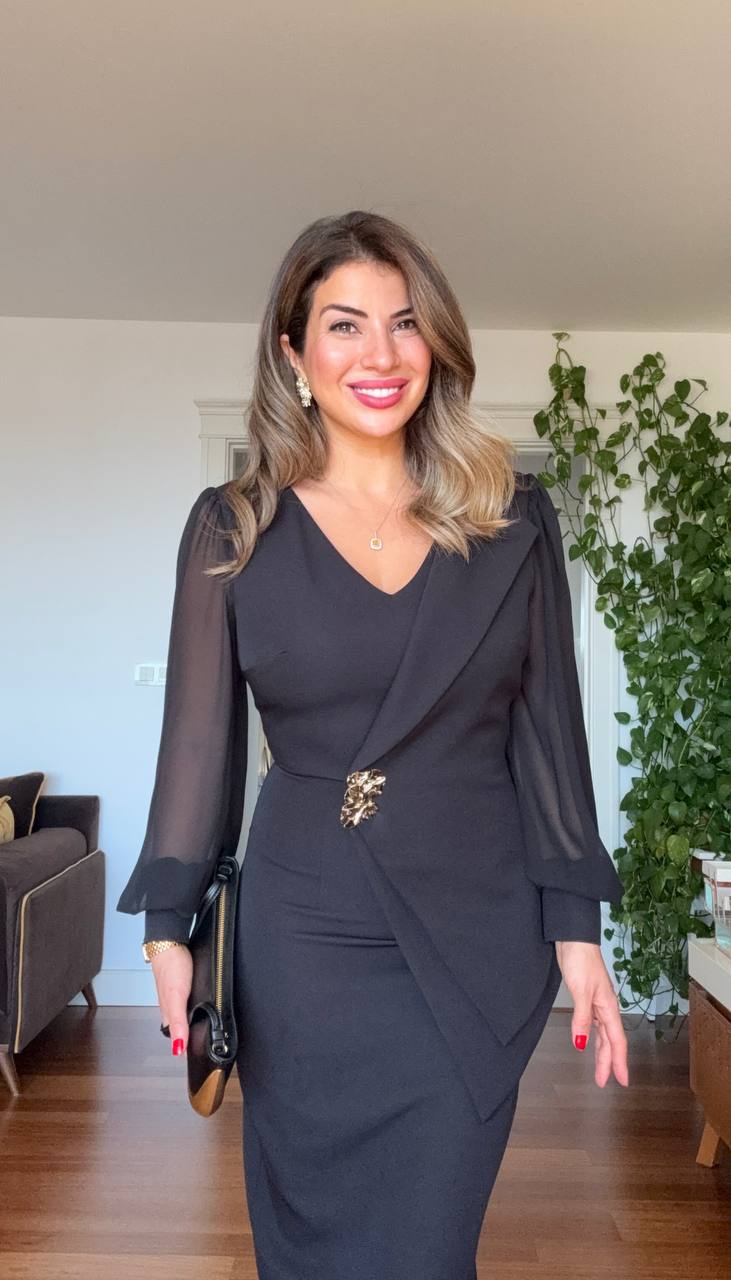 MIDI DRESS WITH CHIFFON SLEEVES & BROOCH DETAIL - SİYAH