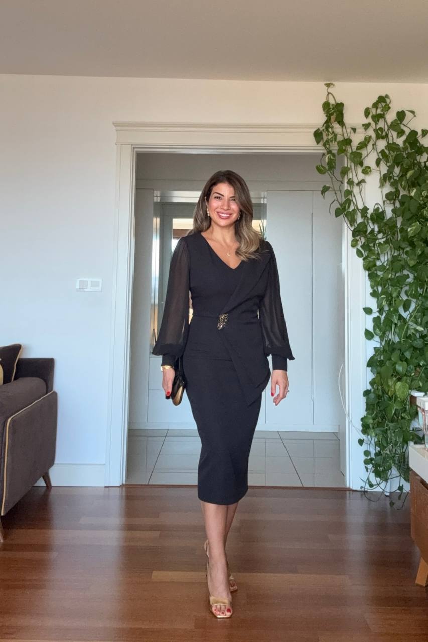 MIDI DRESS WITH CHIFFON SLEEVES & BROOCH DETAIL - SİYAH