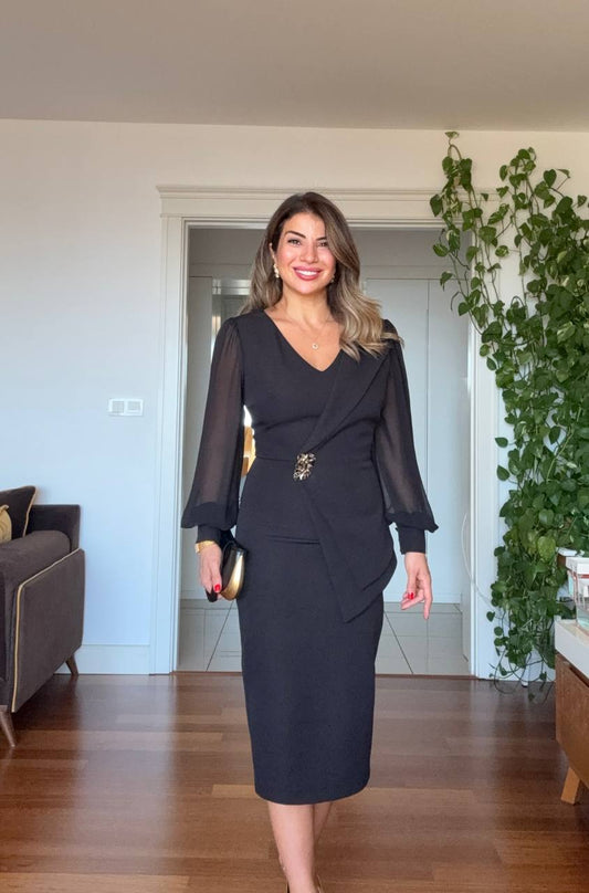 MIDI DRESS WITH CHIFFON SLEEVES & BROOCH DETAIL - SİYAH