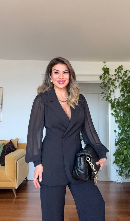 BLAZER SUIT WITH CHIFFON SLEEVE DETAIL & PALAZZO TROUSERS – BLACK
