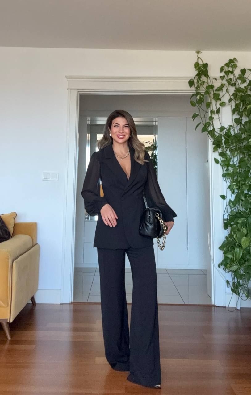 BLAZER SUIT WITH CHIFFON SLEEVE DETAIL & PALAZZO TROUSERS – BLACK