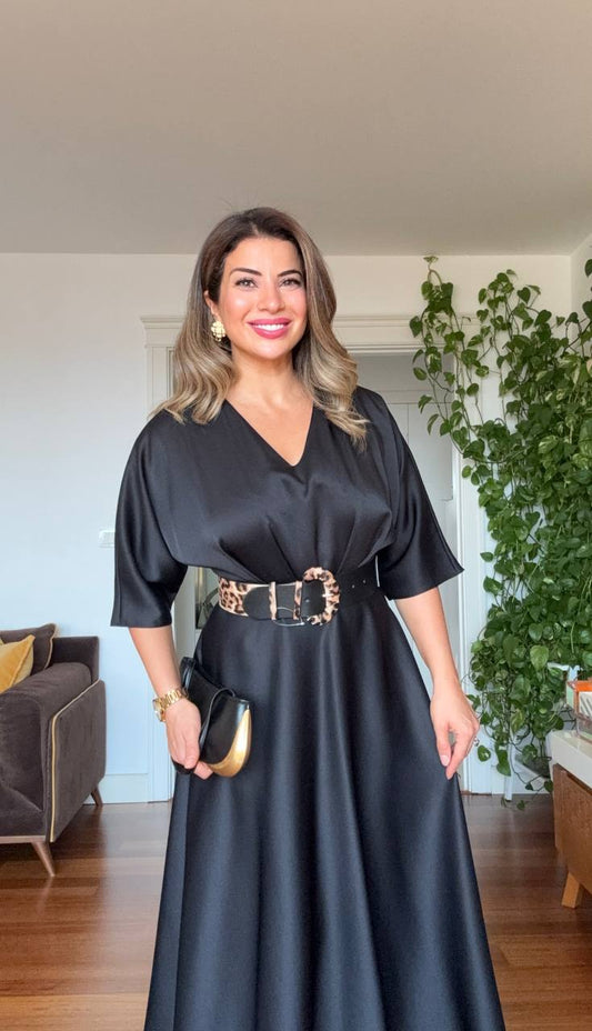 SATIN DRESS WITH LEOPARD BELT DETAIL – BLACK