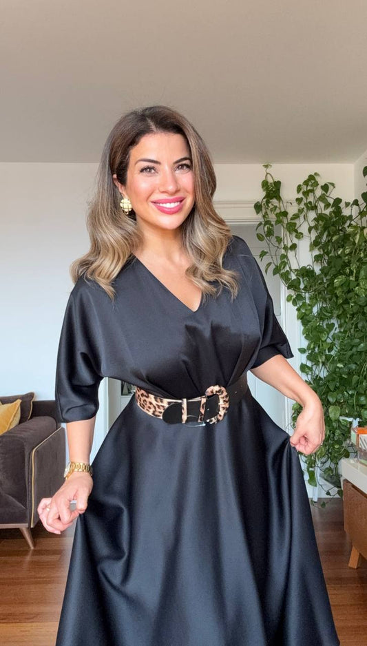 SATIN DRESS WITH LEOPARD BELT DETAIL – BLACK