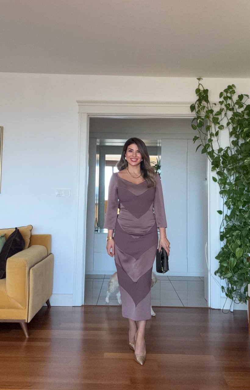 V-NECK DRAPED SATIN LOOK DRESS – MOCHA BROWN