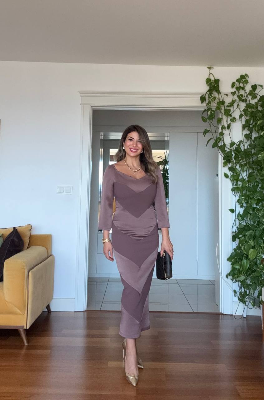 V-NECK DRAPED SATIN LOOK DRESS – MOCHA BROWN