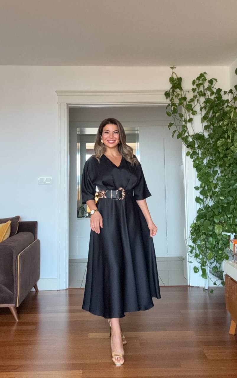 SATIN DRESS WITH LEOPARD BELT DETAIL – BLACK