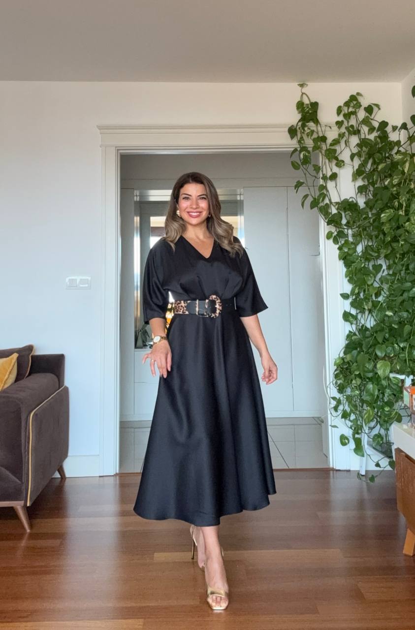 SATIN DRESS WITH LEOPARD BELT DETAIL – BLACK
