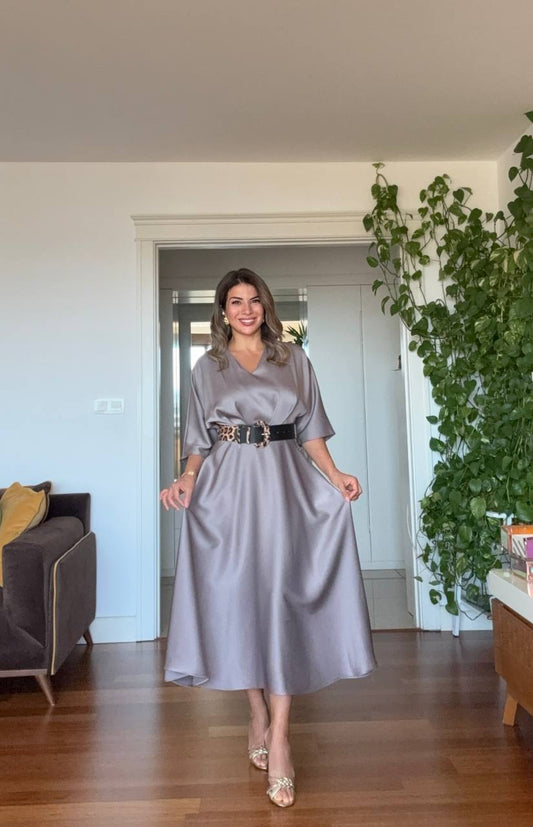 SATIN DRESS WITH LEOPARD BELT DETAIL – MİNK