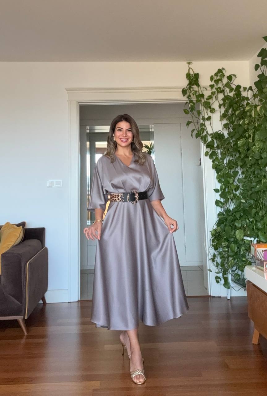 SATIN DRESS WITH LEOPARD BELT DETAIL – MİNK