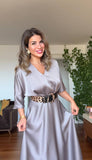SATIN DRESS WITH LEOPARD BELT DETAIL – MİNK