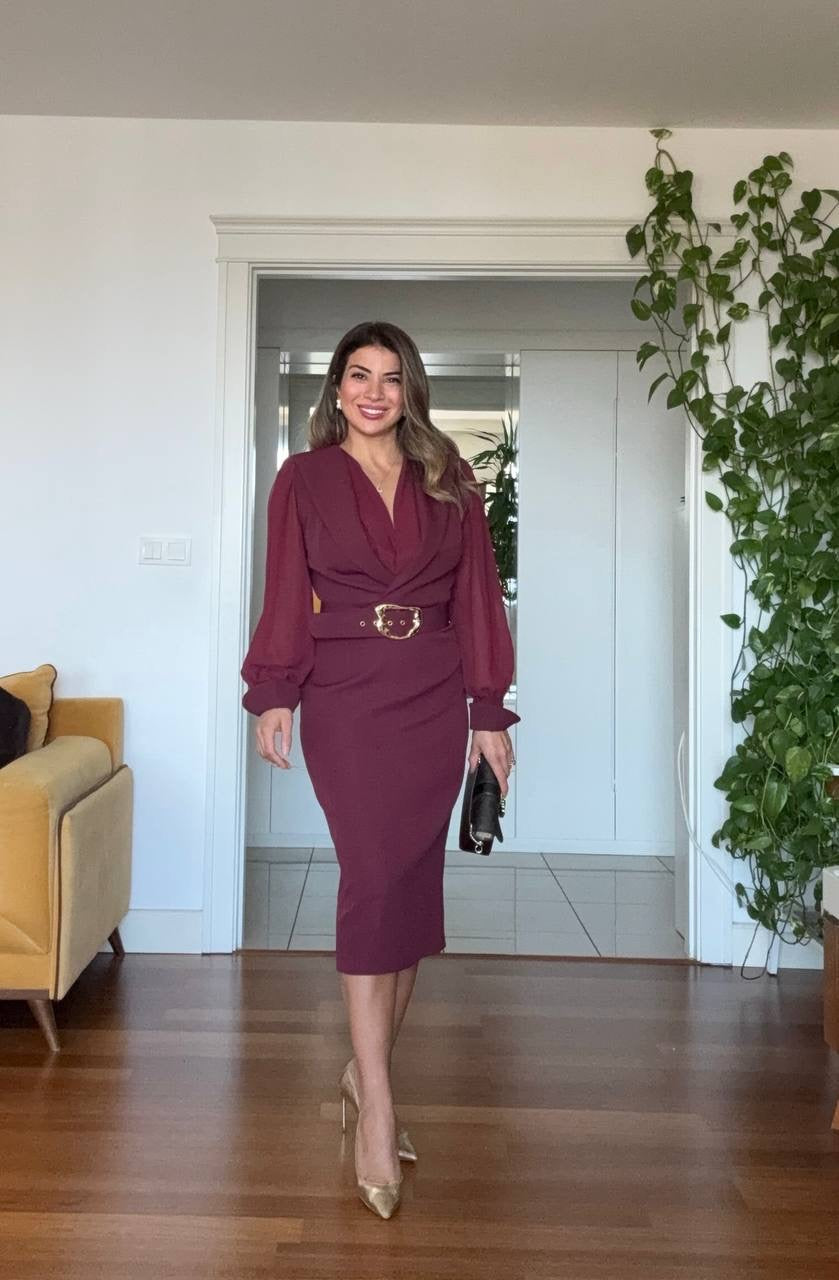 WRAP MIDI DRESS WITH GOLD BUCKLE – BURGUNDY