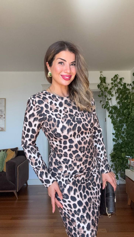 LEOPARD PRINT LONG SLEEVE MINI DRESS