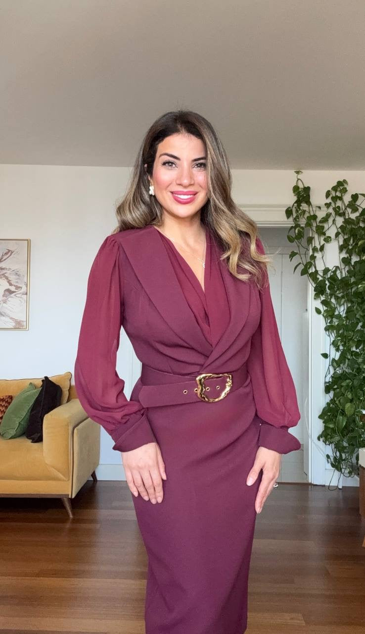 WRAP MIDI DRESS WITH GOLD BUCKLE – BURGUNDY