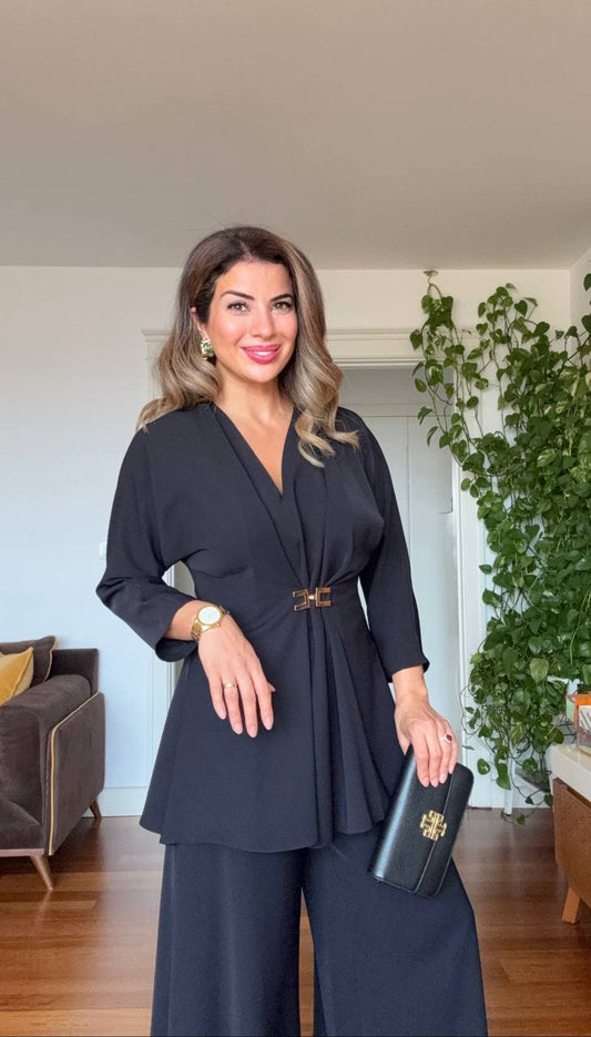 WRAP SUIT WITH GOLD BUCKLE DETAIL – BLACK