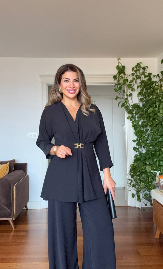 WRAP SUIT WITH GOLD BUCKLE DETAIL – BLACK
