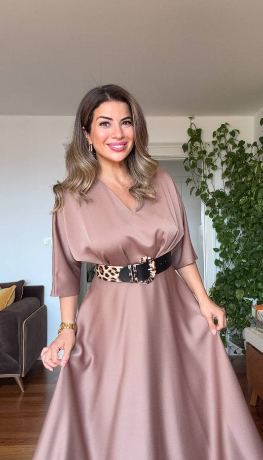SATIN DRESS WITH LEOPARD BELT DETAIL – DUSTY ROSE