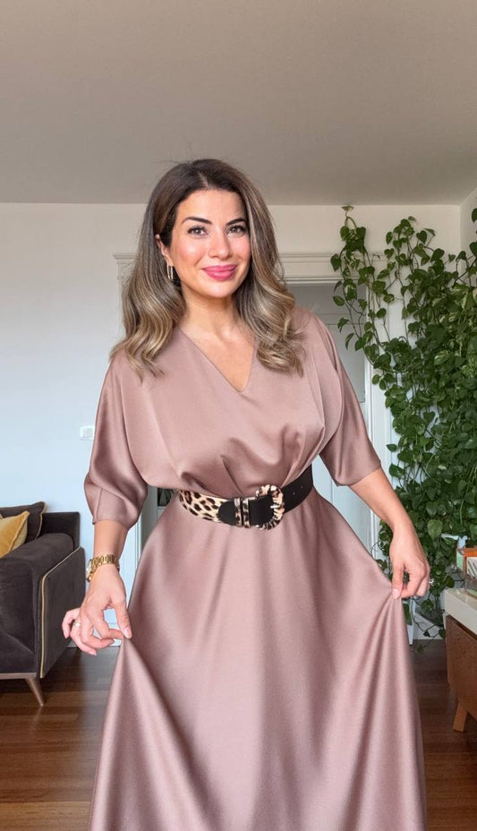 SATIN DRESS WITH LEOPARD BELT DETAIL – DUSTY ROSE