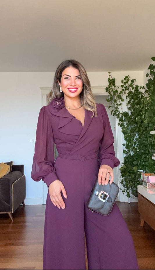 FLOWER BROOCH DETAIL BELTED JUMPSUIT – PURPLE