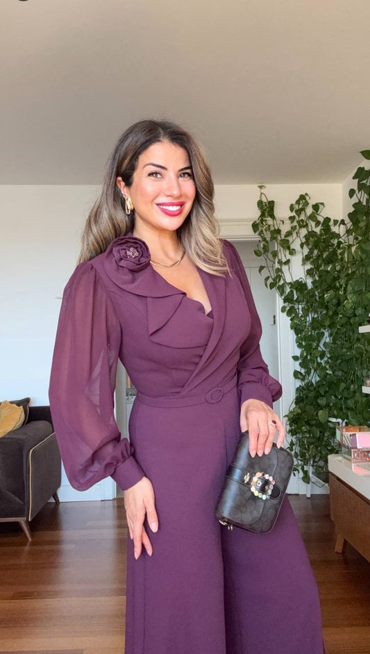 FLOWER BROOCH DETAIL BELTED JUMPSUIT – PURPLE