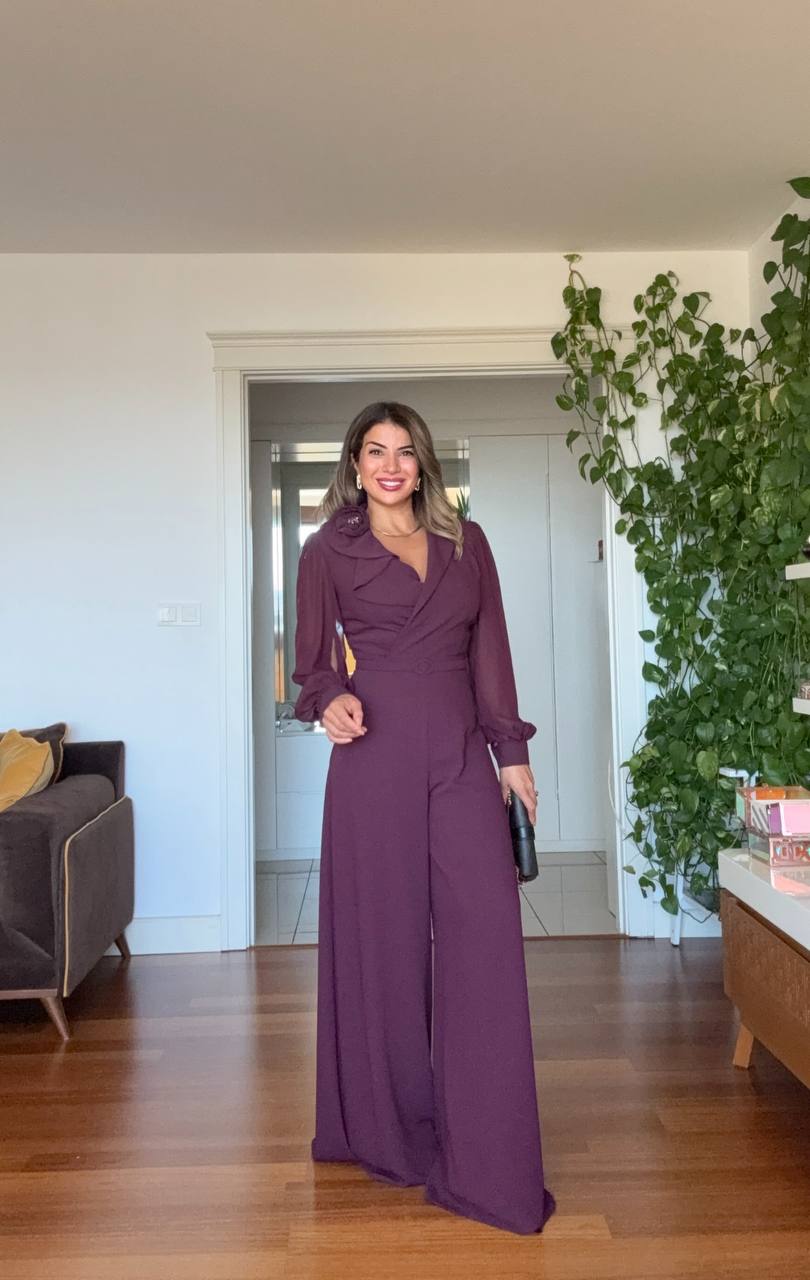 FLOWER BROOCH DETAIL BELTED JUMPSUIT – PURPLE