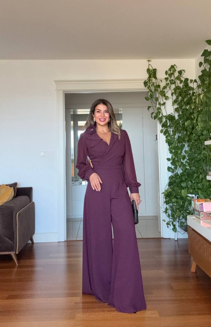 FLOWER BROOCH DETAIL BELTED JUMPSUIT – PURPLE