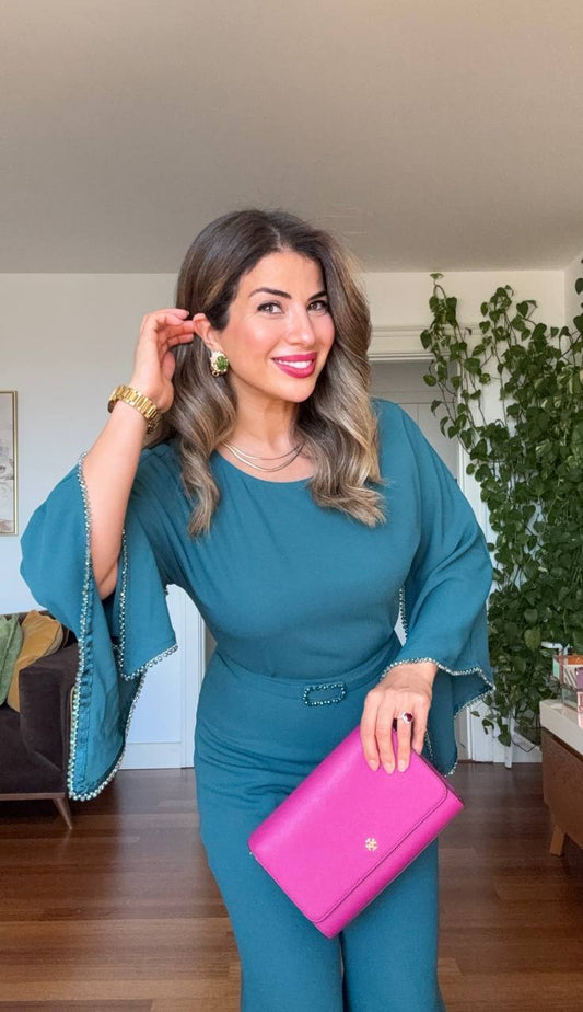 ELEGANT JUMPSUIT WITH STONE-EMBELLISHED BELT – PETROL BLUE