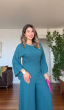 ELEGANT JUMPSUIT WITH STONE-EMBELLISHED BELT – PETROL BLUE