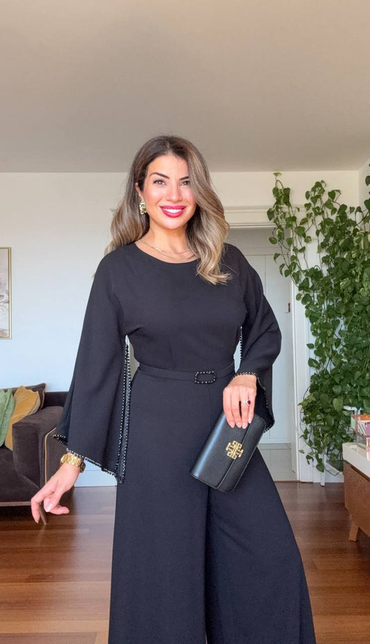 ELEGANT JUMPSUIT WITH STONE-EMBELLISHED BELT – BLACK