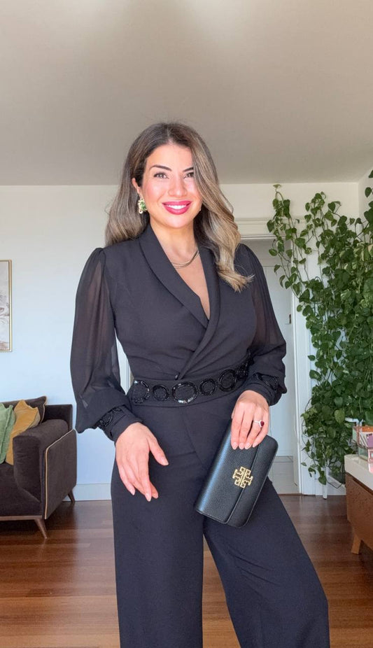 WRAP NECKLINE CHIFFON SLEEVE BELTED JUMPSUIT – BLACK