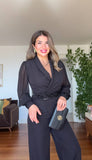 WRAP NECKLINE CHIFFON SLEEVE BELTED JUMPSUIT – BLACK