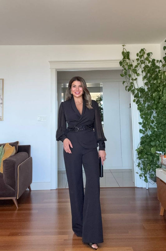 WRAP NECKLINE CHIFFON SLEEVE BELTED JUMPSUIT – BLACK