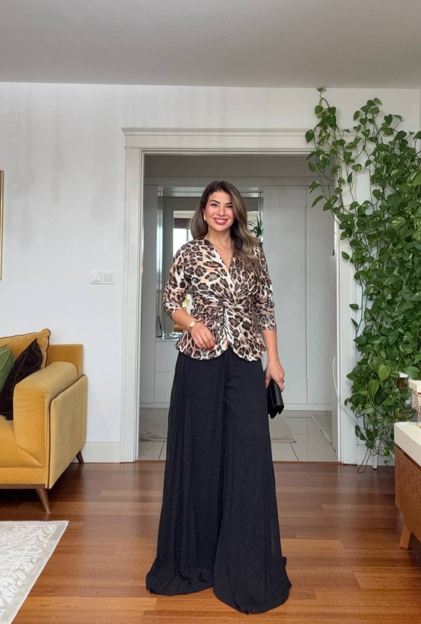 LEOPARD PRINT SEQUIN PLEATED SET - BLACK