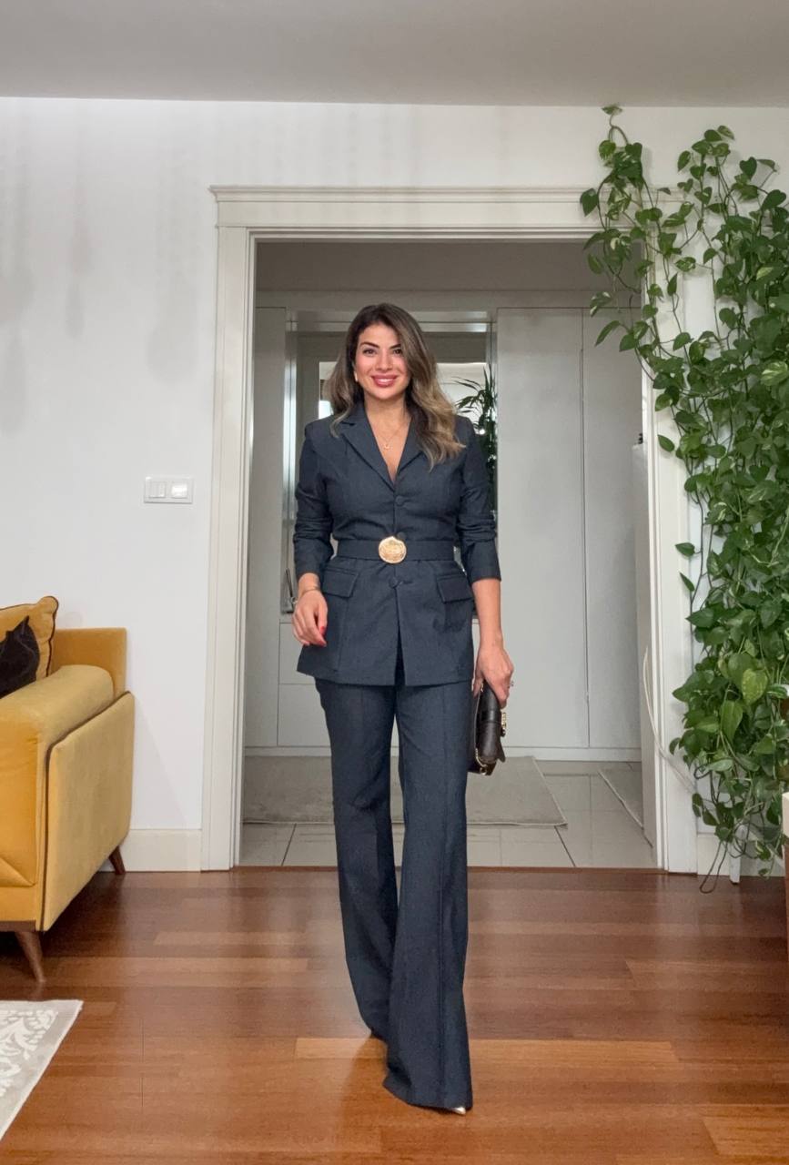 WRAP BELTED SUIT – DARK GREY