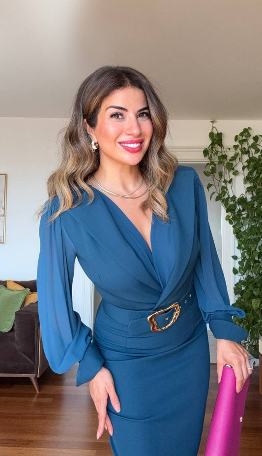 WRAP MIDI DRESS WITH GOLD BUCKLE – PETROL BLUE