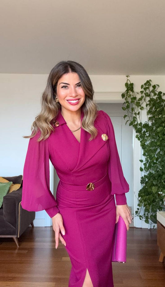 BROOCH DETAIL CHIFFON SLEEVE WRAP MIDI DRESS – PLUM