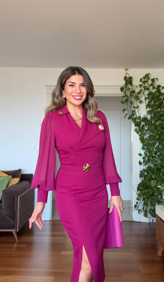 BROOCH DETAIL CHIFFON SLEEVE WRAP MIDI DRESS – PLUM